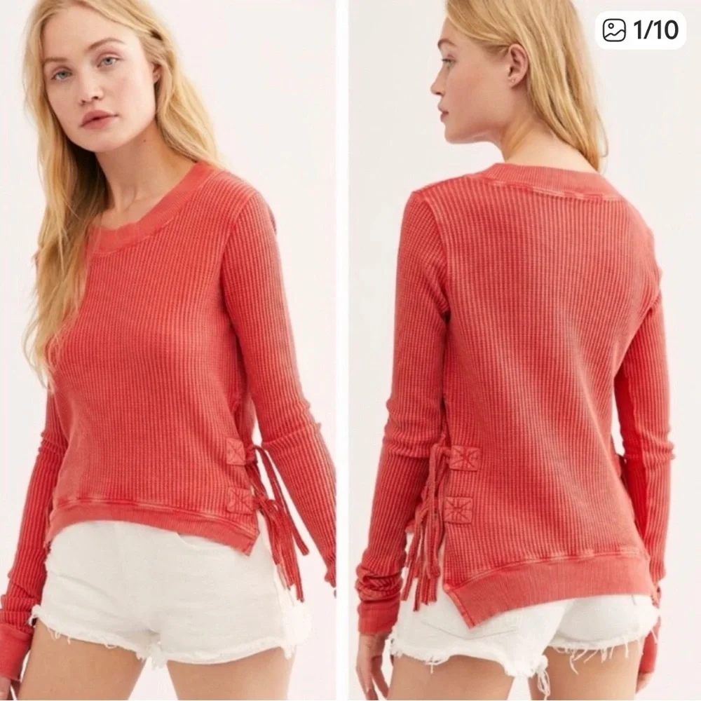 Free People Sweater Waffle-Knit Coral Side Ties XS